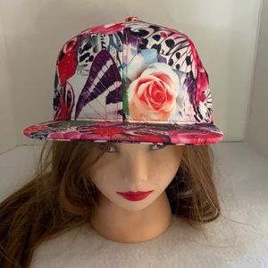 Red Pink & Black Butterfly Floral Boho Snapback Hat Cotton Flat Bill Cap
